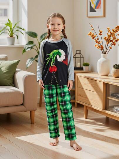 (Baby)Christmas Family Pajamas Matching Set, Long Sleeve Elf Hand Print Tops With Plaid Pants Sleepwear Loungewear