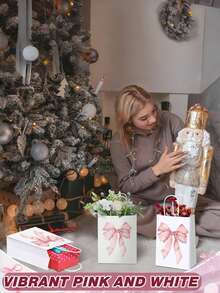 6/12/20 Stücke rosa Schleifen Geschenktüten aus Papier, geeignet für Geburtstage von Frauen, Weihnachtspartys, Süßigkeitentüten mit Griffen, passend für Braut-Verlobungspartyzubehör, Geschenk-Süßigkeitentüten (weiß, große Schleife)