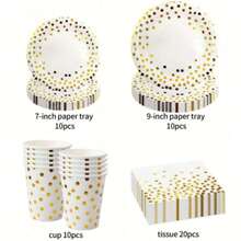 Set de tacâmuri de unică folosință cu paiete albe, format din 50 de piese, potrivit pentru 10 persoane, inclusiv 10 farfurii de hârtie mari și mici, 10 pahare de hârtie și 20 de prosoape de hârtie. Este foarte potrivit pentru tacâmuri de picnic în aer liber, grătar în camping, reuniuni de familie, petreceri de ziua de naștere, Crăciun, Ziua Recunoștinței și alte decorațiuni pentru petreceri de sărbători.