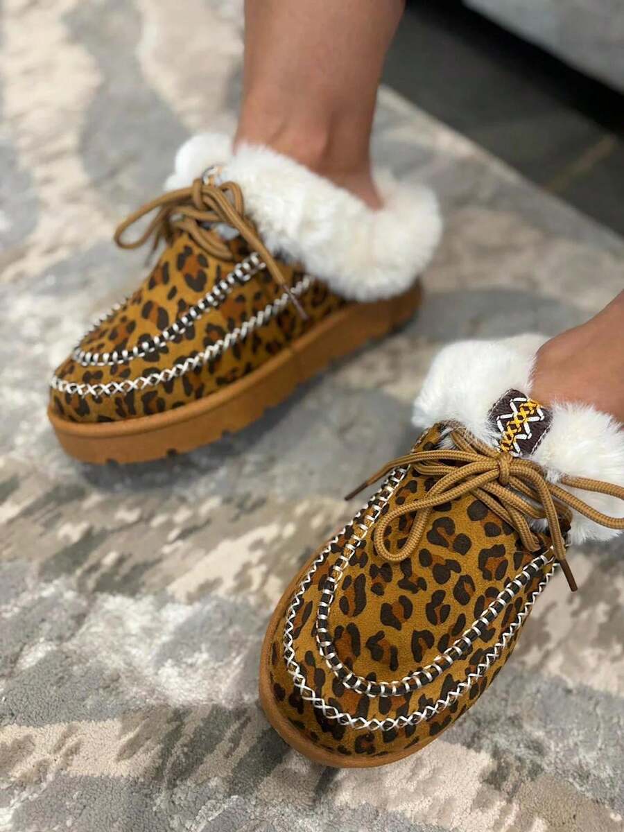Boots With Lace-Up, Fleece Lining, Comfortable For Indoor Wear - Leopard - View 1