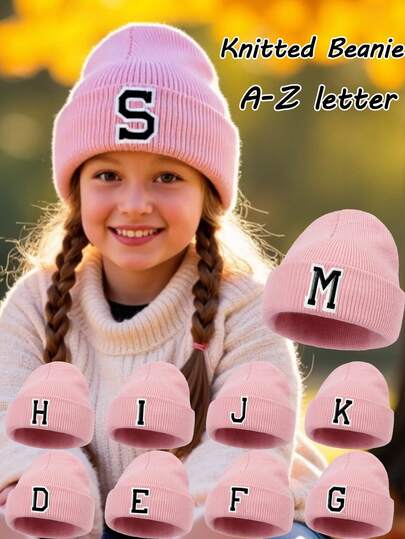 1PC Children's Knitted Hat With 26 Letters Pattern, Solid Color Knitted Caps, Children Hats For Girls, Warm Beanies For Outdoor, Autumn/Winter