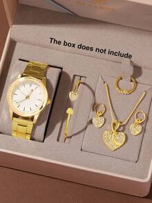 6件套时尚百搭女士石英表，圆形罗马数字表盘，金色钢表带，搭配心形水晶手链、项链、耳环和戒指，首饰套装，适合日常佩戴和节日装扮，也是一份贴心的礼物。 - 白色 - 查看 6