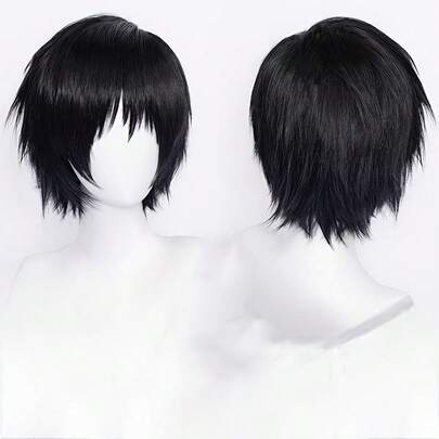 Black Anime Wig With Bangs - Heat Resistant, Short Straight Style For Cosplay & Daily Wear