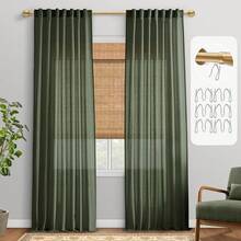 Coquette White Linen Bedroom Sheer Curtains 108 Inches Long, Back Tab Pleated Long Curtains, Elegant Modern Long White Curtains Living Room, 9 FT - Olive - View 7