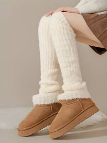 زوج من جوارب الساق الطويلة من الفليس المرجاني، دافئة وسميكة للخريف/الشتاء، حماية للركبة