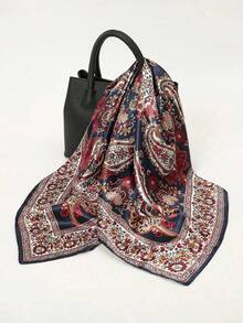 1 件女士时尚 90 厘米方形围巾，印花头巾，春夏，豹纹链条缎面头巾 - 藏青色 - 查看 3