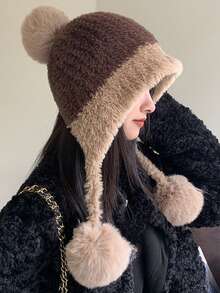 1pc Oversized Fluffy Pom Pom Earflap Hat, Cute & Warm Winter Hat For Women, Thick Knitted Beanie With Lining, Suitable For Autumn/Winter
