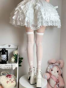 1双女士可爱JK洛丽塔提花蝴蝶结过膝袜，春夏百搭 - 白色 - 查看 3