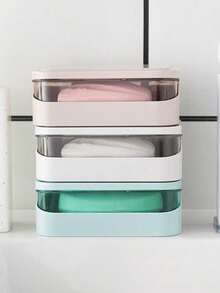 1pc Quick-Drain Soap Dish With Lid - Thickened Non-Slip Bath Organizer, Detachable Shower Caddy For Home/Dorm/Travel, Multi-Color Options, 2 Layers Rectangular Soap Box Container For Shower Bathroom, Holiday Camping Holiday Essentials Vacation Accessories, For Bathroom, Travel, Without Drilling