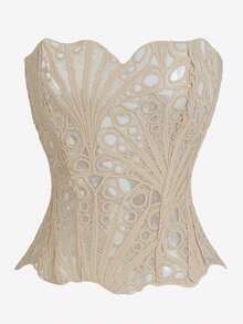 1pc Nude Textured Sheer Floral Lace Hollow Out Cropped Camisole Top, Suitable For Daily Wear, Party, Wedding In Summer - Apricot - View 4