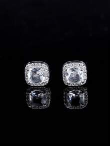 1 Pair Fashionable Minimalist White Cubic Zirconia Square Stud Earrings, Bling Bling Rhinestone Earrings For Women