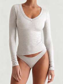 XLLAIS 女士柔软舒适休闲长袖V领T恤，灰色，弹力棉面料 - 淺灰色 - 查看 6