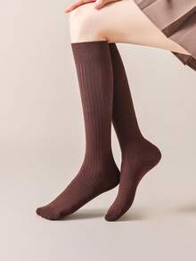 1 Paio di Calze Lunghe Alla Caviglia in Cotone Donna, Colore Unito Costine, Stile Minimalista Alla Moda per la Scuola, Calze Calde e Confortevoli - Multicolore - Visualizzare 12