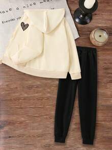 Girls' Two Pieces Casual Suit With Leopard Heart Print, Zipper Sweatshirt And Leopard Heart Pattern Cuffed Sweatpants, Pants, Autumn And Winter Clothes, Suitable For Shopping, Party, Sports, Travel, Party And School, Teen Girls' Clothing, Suit