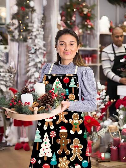 1 件节日圣诞亚麻围裙 - 可爱的姜饼人和雪花设计，耐用的无袖厨房服装，适合烹饪和烘焙