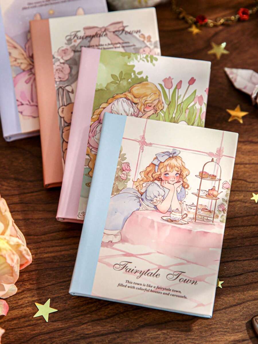 1pc A7 Cute & Warm Kitty Theme Notebook, Fairytale Town Series, Suitable For Gifts, Office, Home, Marking, Labeling, Classroom, Entertainment Toys, Student Journals, Creative Vintage Scrapbooking Materials, DIY Decorative Stickers