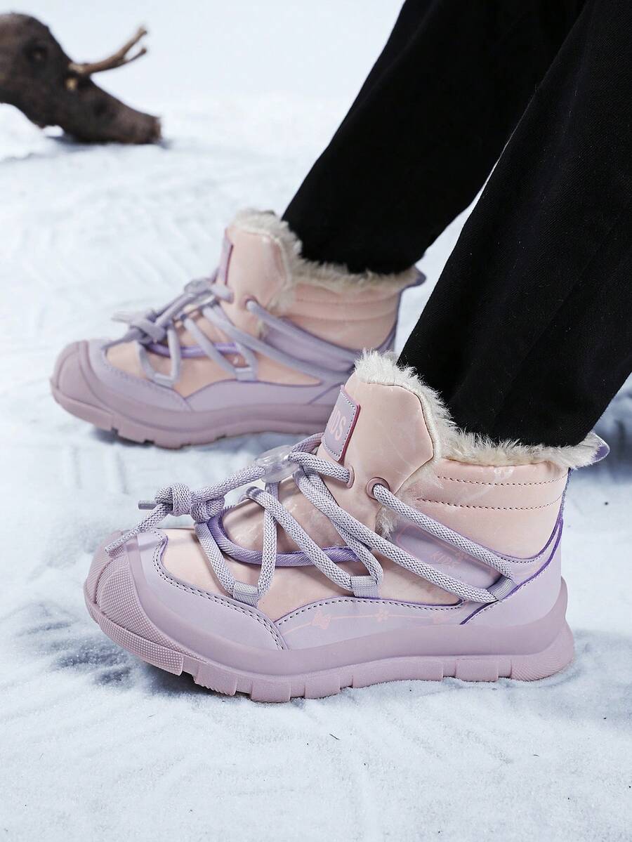 Kids' Outdoor Casual Winter Anti-Slip Warm Thick Comfortable Mid-Top Children Shoes, Flat Sports Sneakers