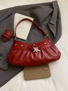 Bolso de hombro de cuero para mujer con tachuelas y dijes con forma de estrella, diseño fruncido de bolso cruzado para uso diario