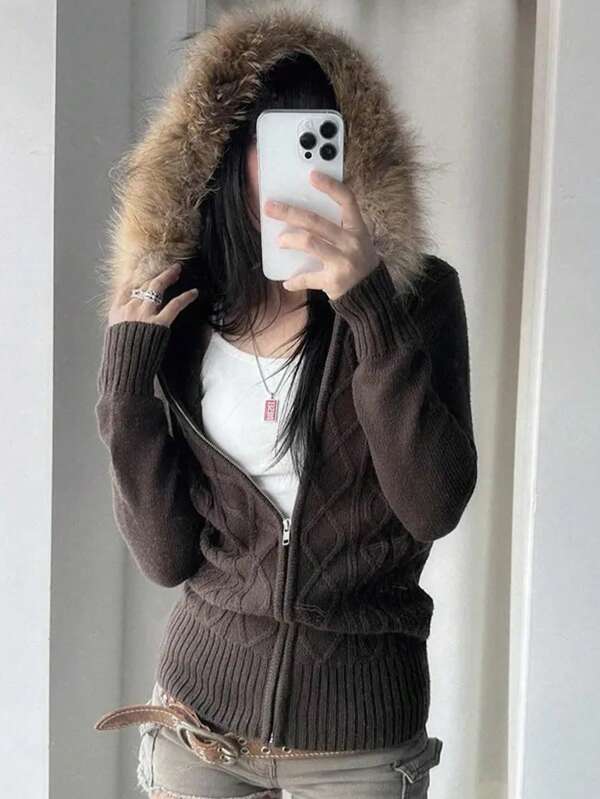 Women's Casual Y2K Preppy Back To School Long Sleeve Cable Cardigan Fur Hooded Zipper Knitted Top Autumn And Winter Going Out Clothes