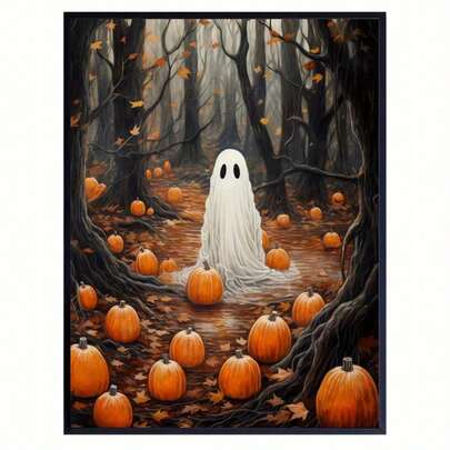 1pc Spooky Forest Ghost And Pumpkins Canvas Art Print - Dark Academia Gothic Style - Frameless Horror Theme Wall Hanging Decor - Retro Modern Art Deco For Living Room, Bedroom, Home Office - Ink Medium Ghostly Wall Poster For Indoor Decorations, Art Deco Retro Style - Seasonal Spring And Winter Room Accent