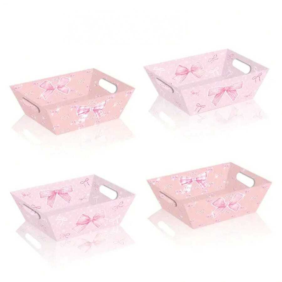 2pcs Pink Bow Gift Boxes - Elegant Paper Gift Baskets With Handles, Floral And Polka Dot Design, Suitable For Ladies Celebrations, Teen Showers And Special Events, Gift Packaging | Pink Tray | Convenient Carry Handles (2 Styles, Random Style), Valentine's Day Party, Home Decor, Home Gifts - Multicolor - View 1
