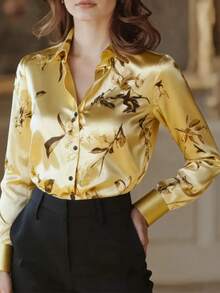 1pc Floral Print Button Down Long Sleeve Shirt, Suitable For Dates, Holidays, Everyday, Birthday Parties, Singles Parties, Travel, Spring/Autumn Vacation - Light Gold - View 6