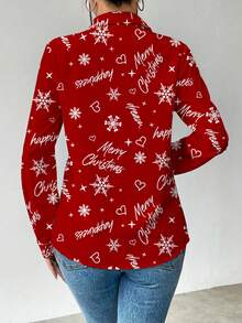 Camicia casual elegante da donna YFY, con stampa all-over di lettere per il Nuovo Anno, fiocchi di neve e cuori, con bottoni sul davanti e polsini con bottoni, in tessuto di maglia primaverile/autunnale, adatta per il Nuovo Anno, il Natale e le vacanze, in colore rosso