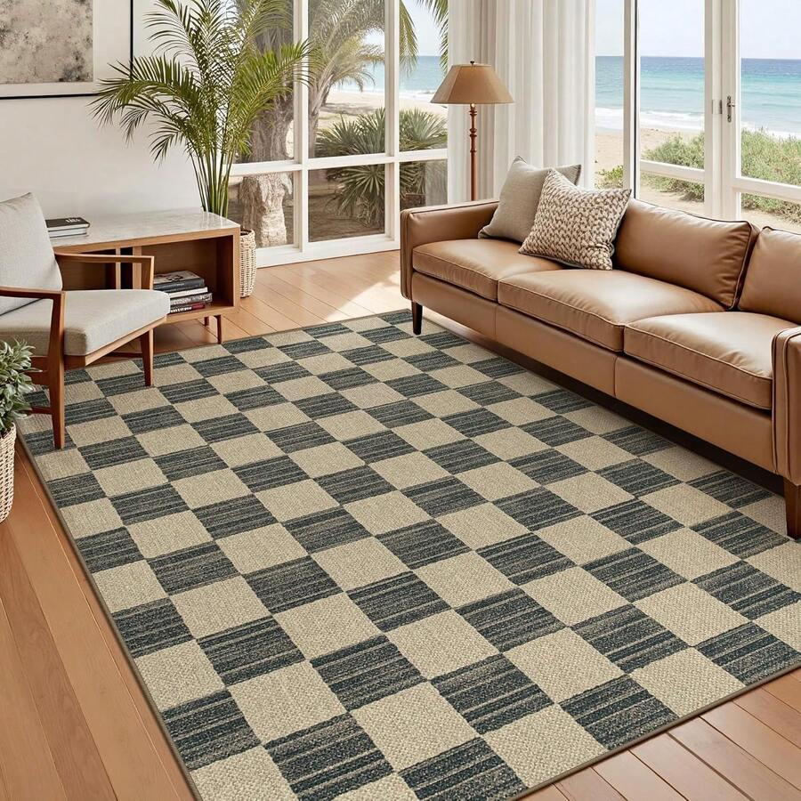 Alfombra de Yute Fácil 5x7 Alfombras a Cuadros: Alfombra Tejida Lavable Antideslizante que No Suelta Pelusa para Interior y Exterior para Sala de Estar Dormitorio Comedor Casa de Campo Patio (5'x7' Cuadros Negros) - Natural - Ver 1