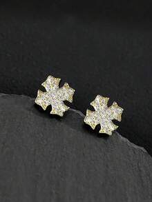 1 Pair 2pcs Punk Style, Copper Geometric Cubic Zirconia Shield Stud Earrings, Copper Cross Star Stud Earrings Unisex Earrings, Suitable For Daily Wear And Party, Back To School, Holiday Gifts - Multicolor - View 13
