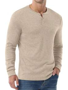 Men's Henley Long Sleeve Casual Classic Button Pullover Tee - Styles - 淺褐色的 - 查看 3