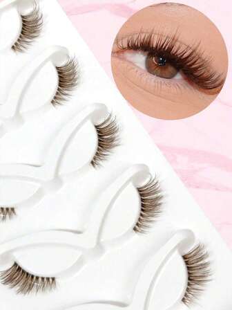 5 أزواج من رموش نصفية بنية خفيفة - ذات شريط شفاف على شكل عين القطة من الفرو الصناعي، ريشية طبيعية/مظهر تنكري للاستخدام اليومي والمناسبات والهالوين والكريسماس