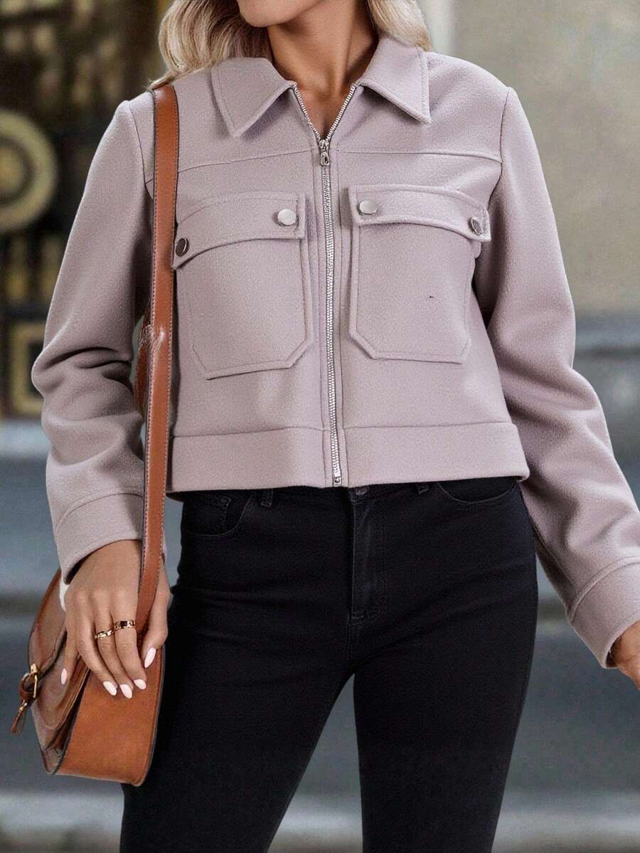 Chamarra invierno dama mujer corte corto tejido polar cuadros textura suave caliente calientito cierre manga larga cuello camisero recto casual día noche festival comida cena calle otoño invierno - Beis - Ver 1