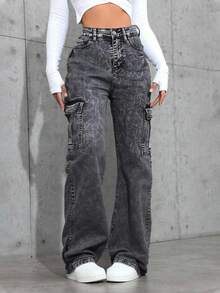 Pantalones vaqueros cargo anchos para mujer de color azul, estilo casual y práctico, ideal para looks urbanos - Gris Oscuro - Ver 2