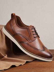 Men's Casual Lace-Up Brogue Style Formal Shoes, Lightweight Soft Sole, Suitable For Work And Daily Wear
