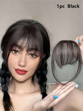 1pc Clip In Bangs, Clip In Air Bangs Fringe Synthetic, One Piece Fringe, Clip Bangs, Dark Brown Hair Accessories,Ladies Clip In Hair Bangs, Black Straight Air Bangs With Sideburns, School Stuff