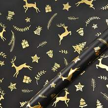 1 Roll Christmas Gift Wrapping Paper - Gold & Black Reindeer, Christmas Tree, Snowflake Pattern, Suitable For Holiday Gifts, Birthdays, Parties, Decorations, Reindeer Design, Smooth Surface, Durable Material, Decorative Packaging, Event Planning, Christmas Wrapping Supplies, Heavy-Duty Christmas Wrapping Paper, Santa Claus Wrapping Paper, Christmas Wrapping Paper Roll, Vintage Christmas Wrapping Paper