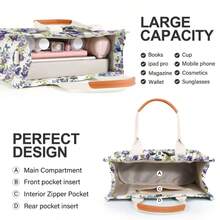Canvas Tote Bag For Women With Pockets Crossbody Bag Tote Shoulder Handbags Casual Work Bags Everything Tote Bag - 紫色蝴蝶 - 查看 6