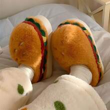 1pc 2025 New Autumn/Winter Funny Home Thermal Slippers, Couple Cute Hamburger Fully Covered Plush Warm Shoes For Men & Women