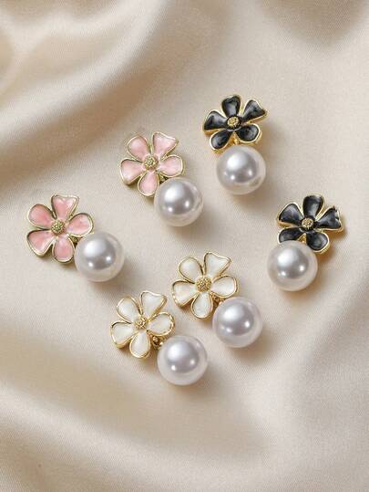 3 Stücke/Set minimalistischer französischer Retro-Öltropfen Blumen- & Perlenohrringe, modisches elegantes Luxus-Ohrringset, geeignet für Frauen für den täglichen Gebrauch & Festtage