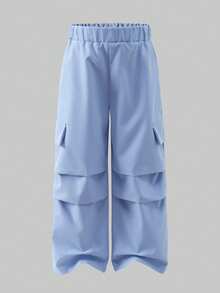 2 Stücke Mädchen Set aus Langarm V-Ausschnitt Top mit Buchstaben- und Zahlen-Muster + einfarbige Cargo Hose mit Fake-Tasche, Lässig Outfit - Blau-Weiß - Übersicht 5