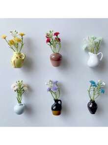 Mini Vase Magnets For Fridge 6PCS - 3D Ceramic Tiny Plant Vase Magnets Fridge Decoration Set Design For Refrigerator, Lockers & Office Spaces (1pc, 3pcs,6pcswith Flower) - One Size - View 2
