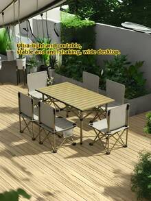 Nuevo juego de mesa y silla de camping plegable de alta calidad (incluye 4 sillas), mesa plegable para mercado nocturno al aire libre, mesa de comedor simple portátil, mesa pequeña portátil de aleación de aluminio de aprendizaje multifuncional - Beis - Ver 7
