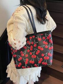 Cute Cherry Pattern Large Capacity Handbag| Women's Casual Versatile Shoulder Tote, Simple Fashion Shopping Bag, Everyday Work Purse - Black - View 1