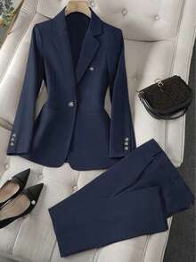 Solid Color Single Button Long Sleeve Single-Breasted Waistcoat Suit Pants Two-Piece Set - Màu xanh hải quân - Xem 1