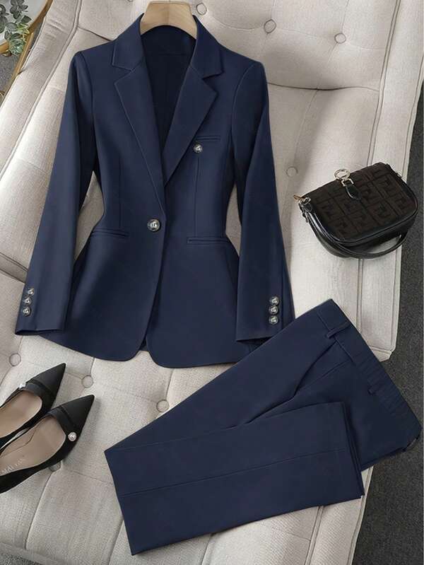 Solid Color Single Button Long Sleeve Single-Breasted Waistcoat Suit Pants Two-Piece Set