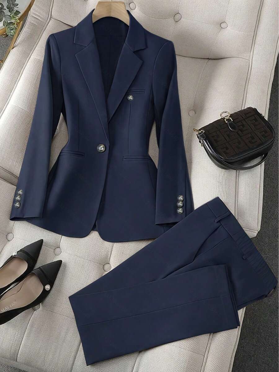 Solid Color Single Button Long Sleeve Single-Breasted Waistcoat Suit Pants Two-Piece Set - Màu xanh hải quân - Xem 1