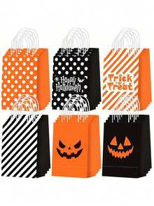 6/12pcs Pumpkin & Bat & Ghost Pattern Paper Gift Bag With Handle, Trick Or Treat Bags For Decorations Decor Decorations Home Bag