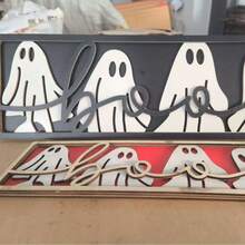 1 قطعة لافتة طاولة خشبية بشكل شبح هالوين "بو" - تمثال شبح أسود وأبيض جميل، ديكور مكتبي هالوين ريفي، ديكور صينية متدرجة مخيف للمنزل والمكتب والحفلات