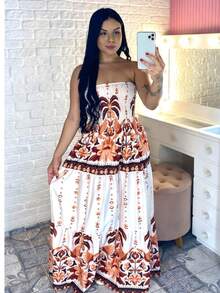 Long Strapless Dress Printed With Elastex Crepe Fabric Summer Beach Non-Wrinkle Fabric - màu nâu - Xem 1