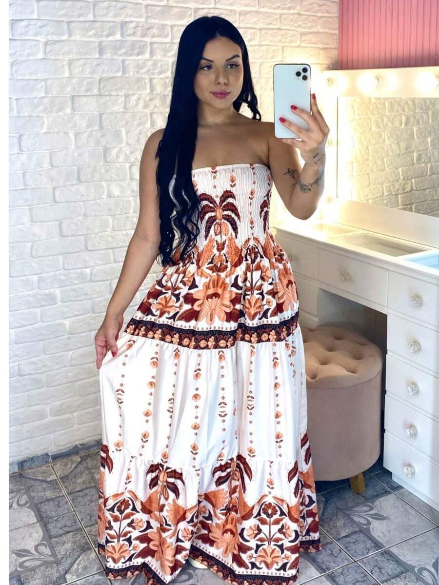 Long Strapless Dress Printed With Elastex Crepe Fabric Summer Beach Non-Wrinkle Fabric - màu nâu - Xem 1